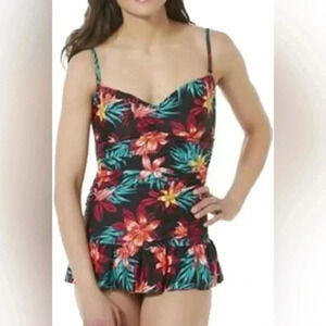 Tropical Escape Tropical Floral One Piece Swimsuit Peplum Ruffle Hem Size 14